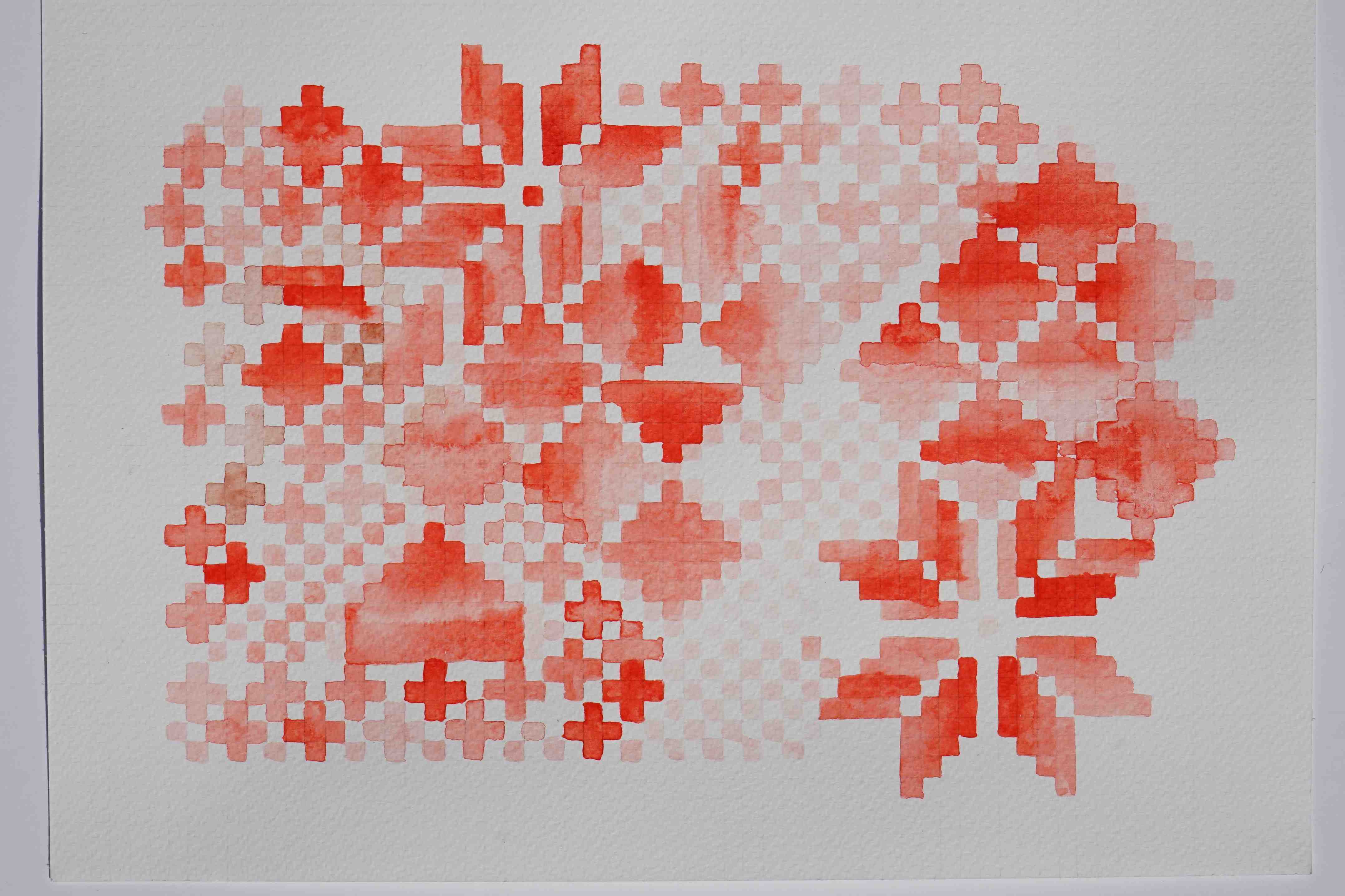 Åttebladrose and small crosses, red hell, 24x32 cm, aquarel, 2023, Yvette Lardinois
