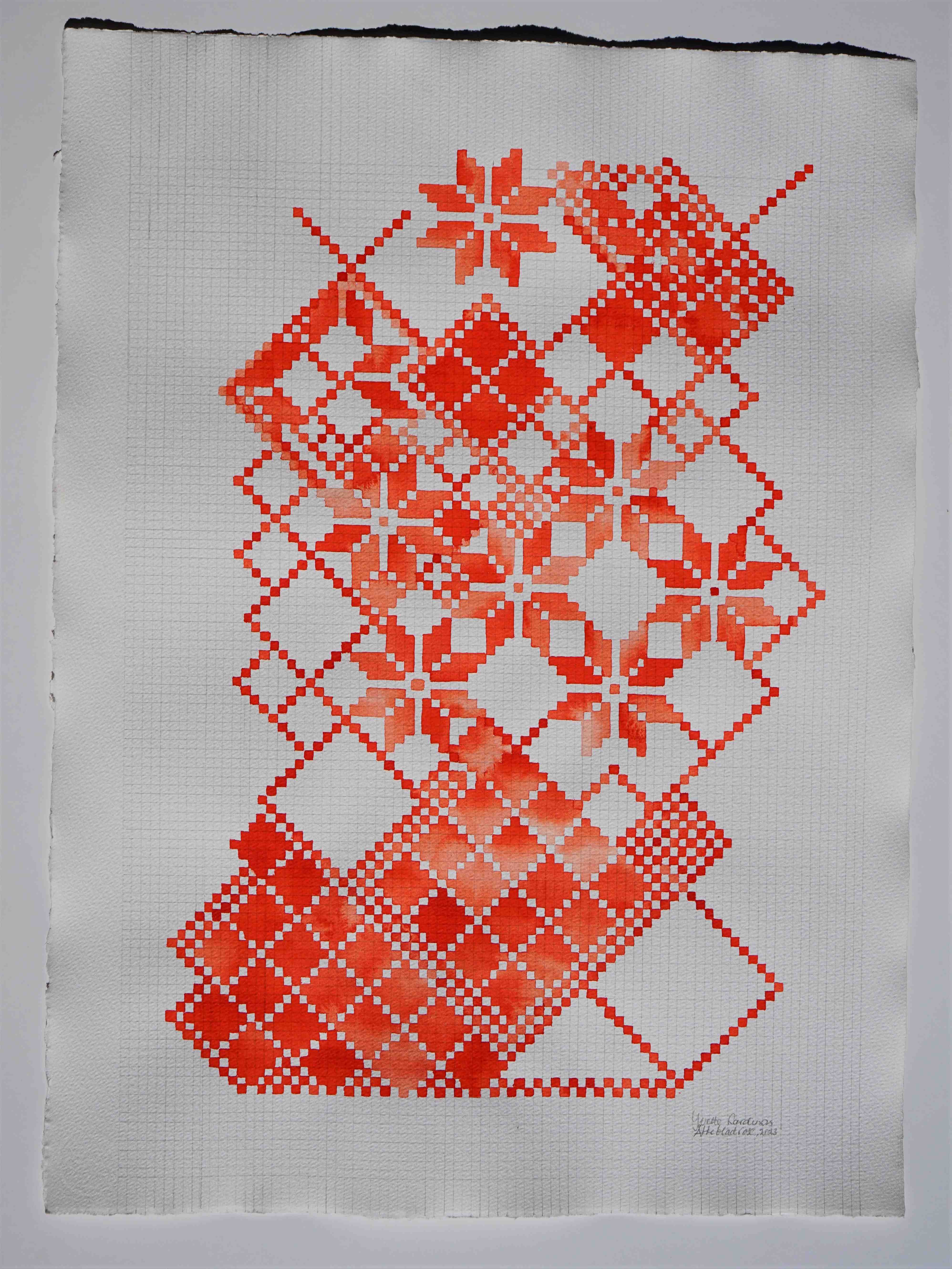 Åttebladrose 5 Red Deep. Akvarell, 65x48cm, Hahnemühle papir, 2023, Yvette Lardinois